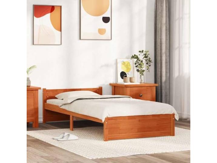 Massives Kiefernholz Modernes Bettgestell Zeitgenössisch Braun 205 5 x 95 5 Bettrahmen Wachsbraun 205.5x95.5x51 cm Massives Kiefernholz Bettgestell mit Kopfteil Lattenrost Stabil Modern
