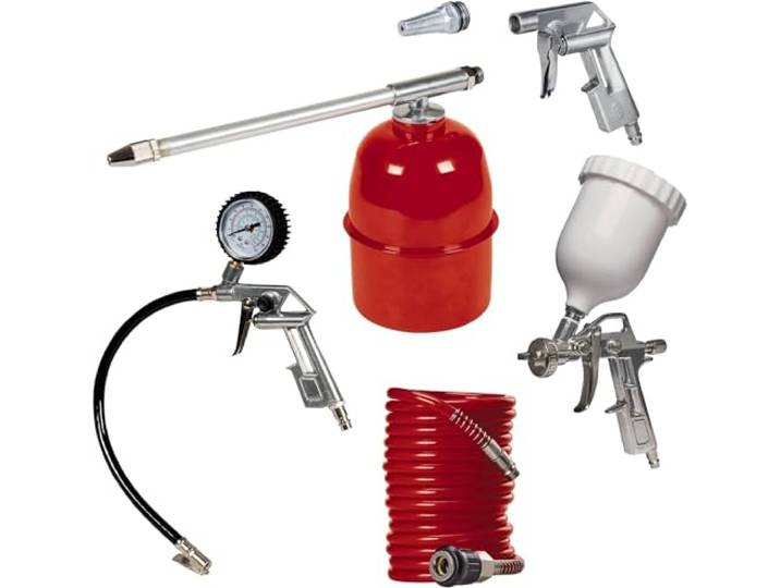 Einhell Original Set de 5 outils pneumatiques pour compresseurs jusqu’à 8 bar pistolet pulvérisateur pistolet peinture soufflette gonfleur flexible 4 m