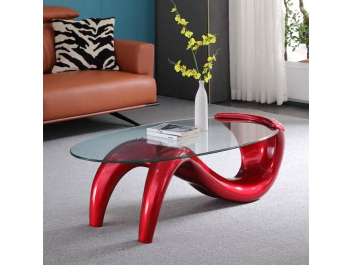 Couchtisch rund,Runder Couchtisch mit ovaler transparenter Sicherheitsglasplatte,moderner Wohnzimmertisch mit geschwungenem Wellenfuß aus ABS,Sofatisch für Wohnzimmer B,120CM
