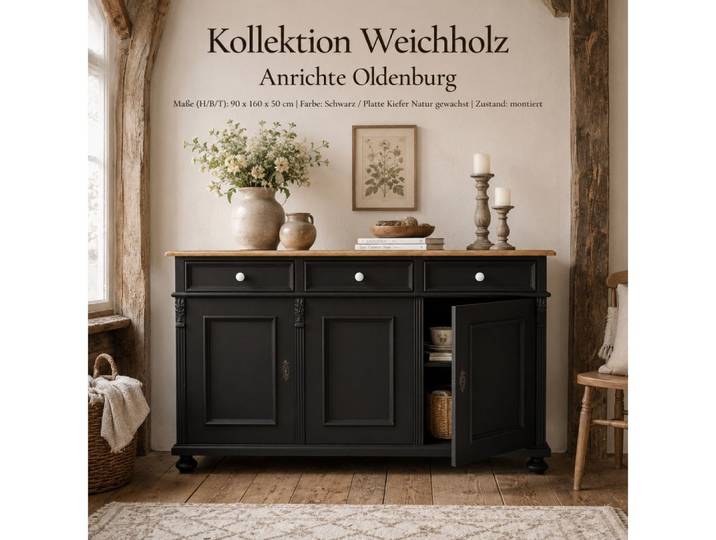 Wohnpalast Sideboard Landhaus Anrichte Oldenburg Weichholz 160 cm Sideboard Kommode Schwarz