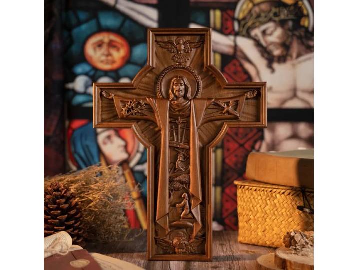 Statue de jésus croix catholique de pâques en bois Vintage, décoration murale religieuse intérieure, cadeau baptême