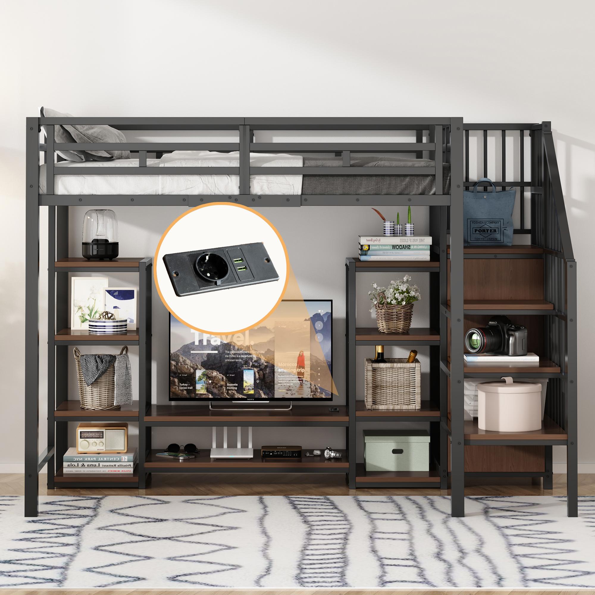 Hochbett 90x200 mit TV-Ständer, Steckdose und Sicherheitsleiter, stabile Metall-Holz-Kombination, modernes platzsparendes Hochbett, Kinder-Etagenbett mit praktischem Stauraum, Schwarz