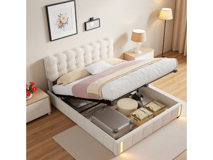Lit rembourré Comanlai 160x200cm, lit hydraulique LED avec espace de rangement, lit double, lit avec tête de lit en velours, beige