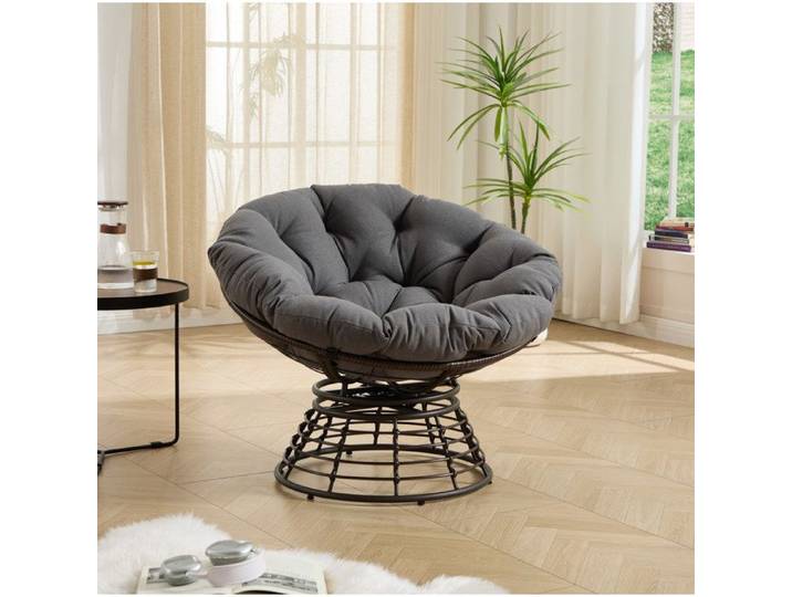Fauteuil papasan pivotant 360° IVMEU en rotin PE avec coussin épais gris structure acier