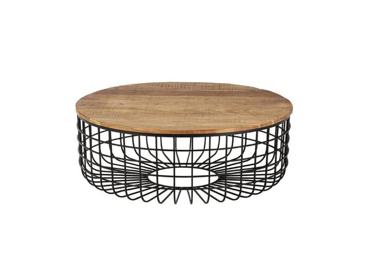 GLADIO - Table Basse Ronde Ø102cm Industrielle Bois d'Acacia et Métal Noir