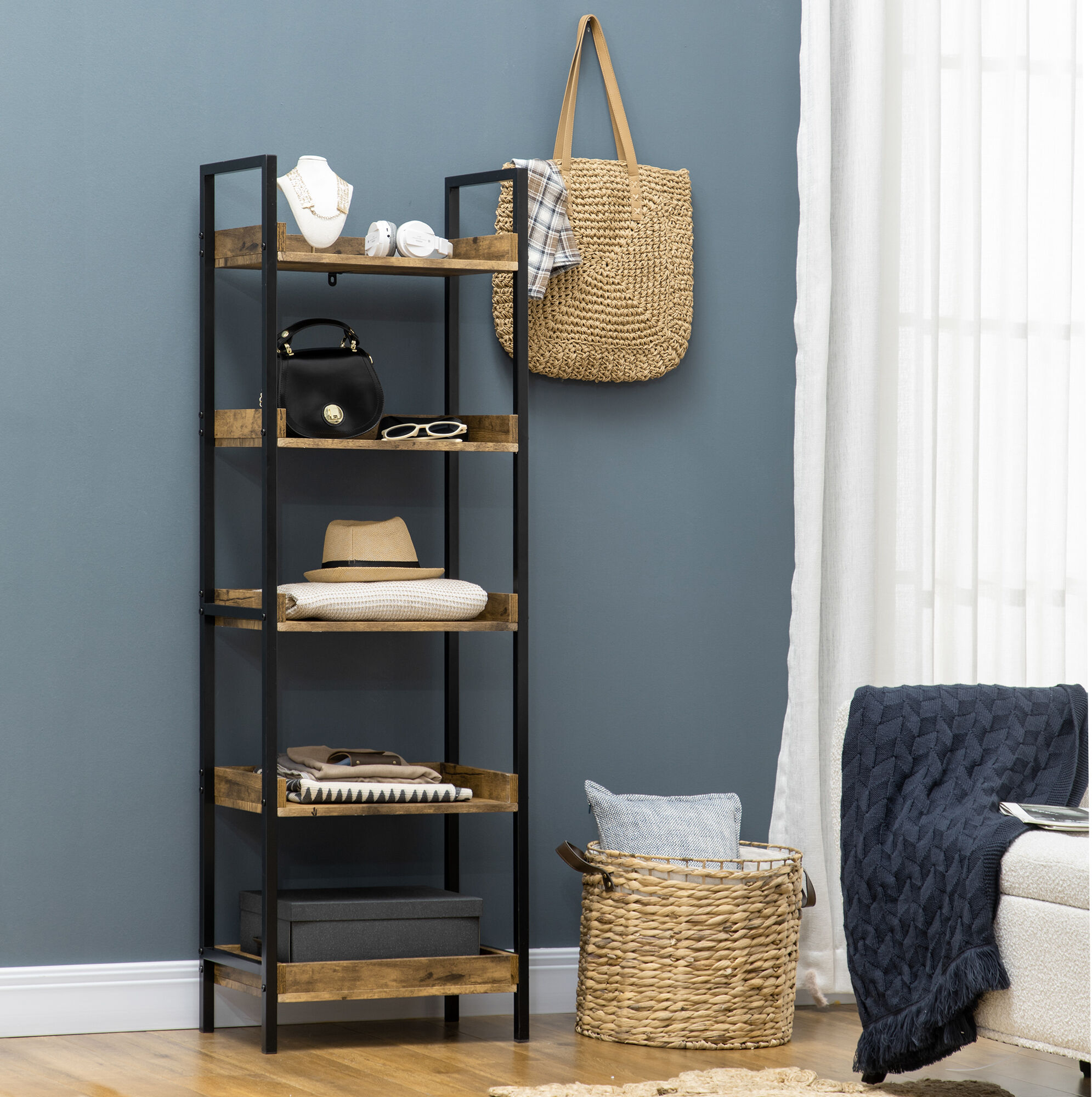 Altro Libreria Stile Industriale A 5 Ripiani In Legno E Metallo, 48x30x155cm, Marrone Rustico