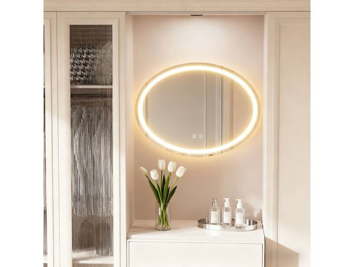 Miroir salle de bain avec éclairage LED-Miroir mural salle de bain anti-buée-Touche Tactile-3couleurs réglables-Miroir ovale