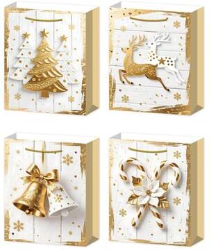 IH Casa Decor Christmas Gift Bags White Wood & Gold Icons Assorted Medium- Set of 12