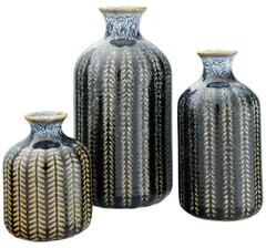 Storied Home Embossed Stoneware Vase with Vertical Lines and Reactive Glaze Finish