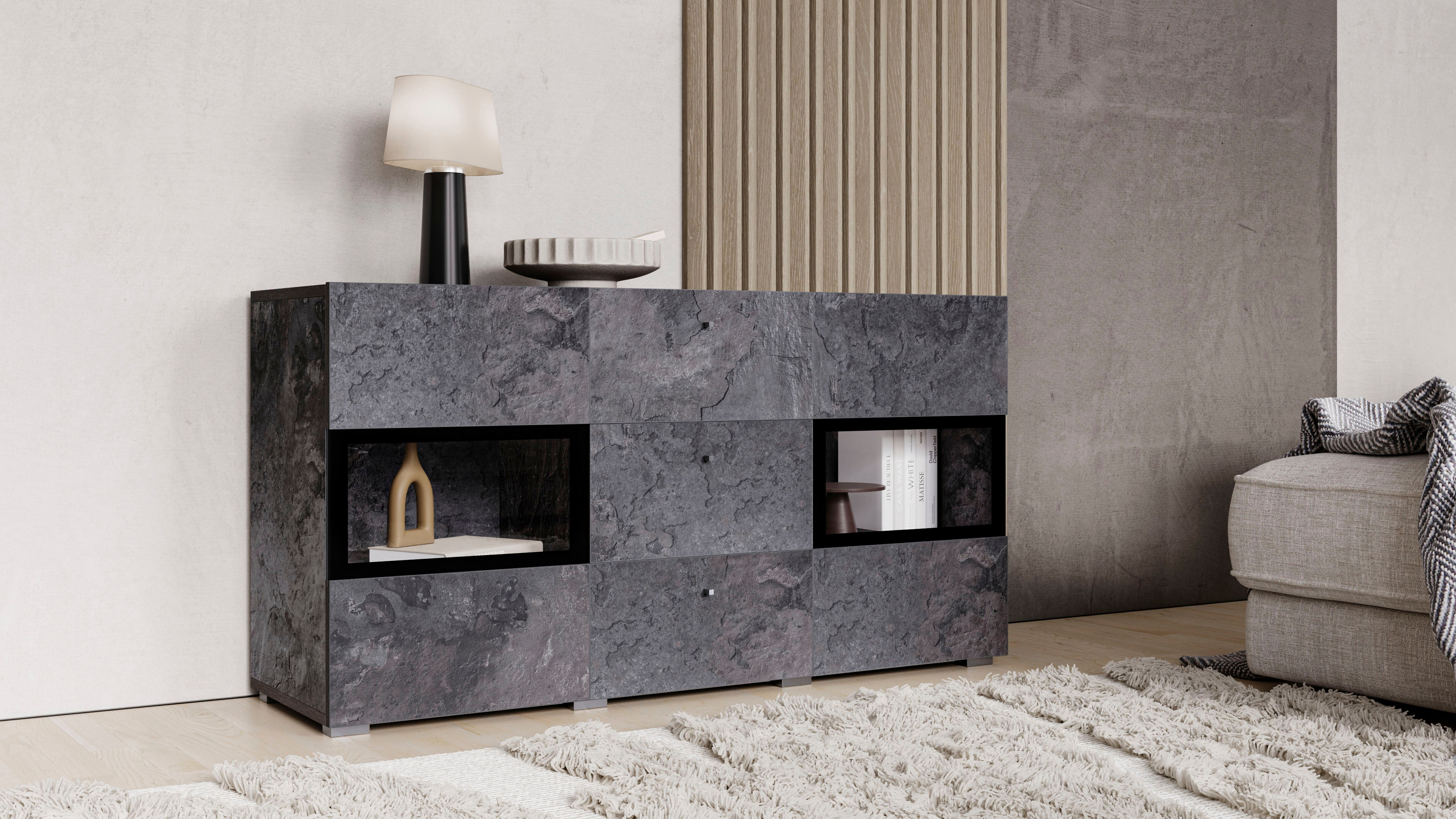 Sideboard GOODPRODUCT "Baros", grau (schieferfarben), B:132cm H:69,8cm, Sideboards, Sideboard, Breite 132 cm schieferfarben B/H/T: 132cm x 69,8cm