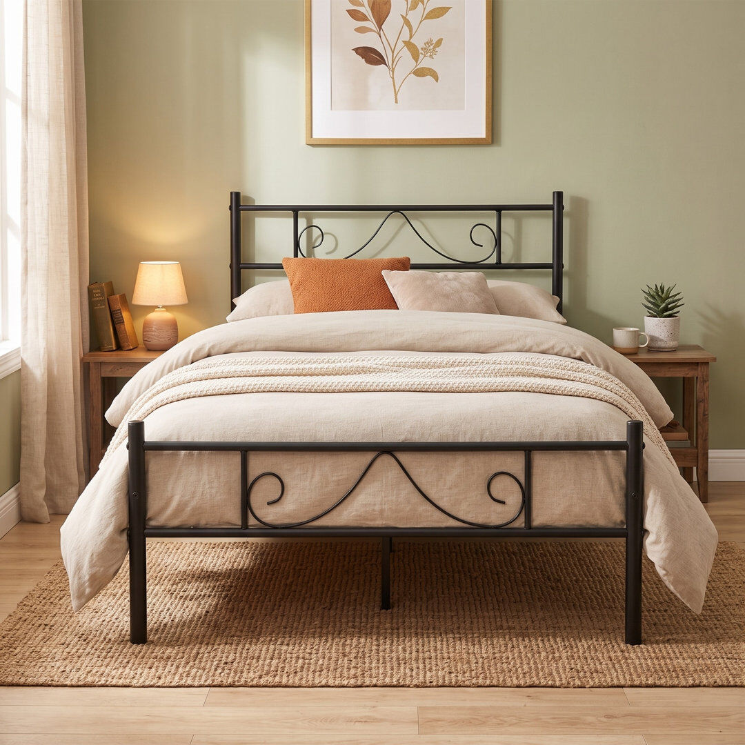 Lark Manor Classic Metal Bed Frame with Decorative Headboard & Footboard Black Single (3')