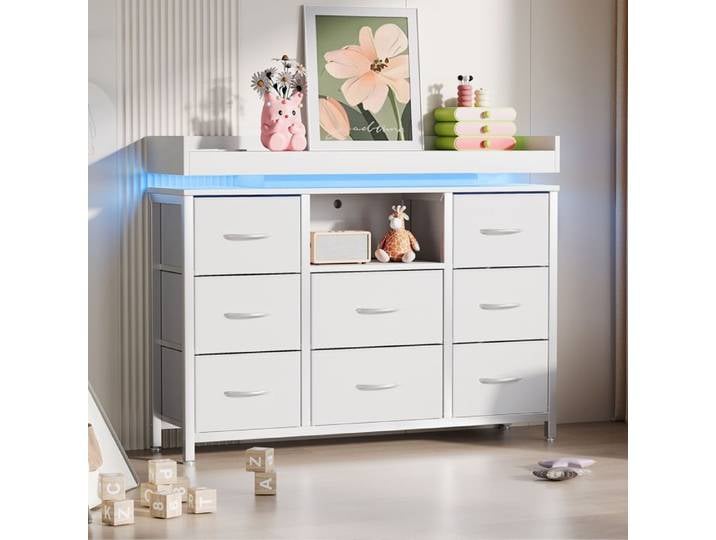Commode 8 tiroirs LED meuble rangement chambre adulte armoire de rangement avec LED commode chambre scandinave Blanc