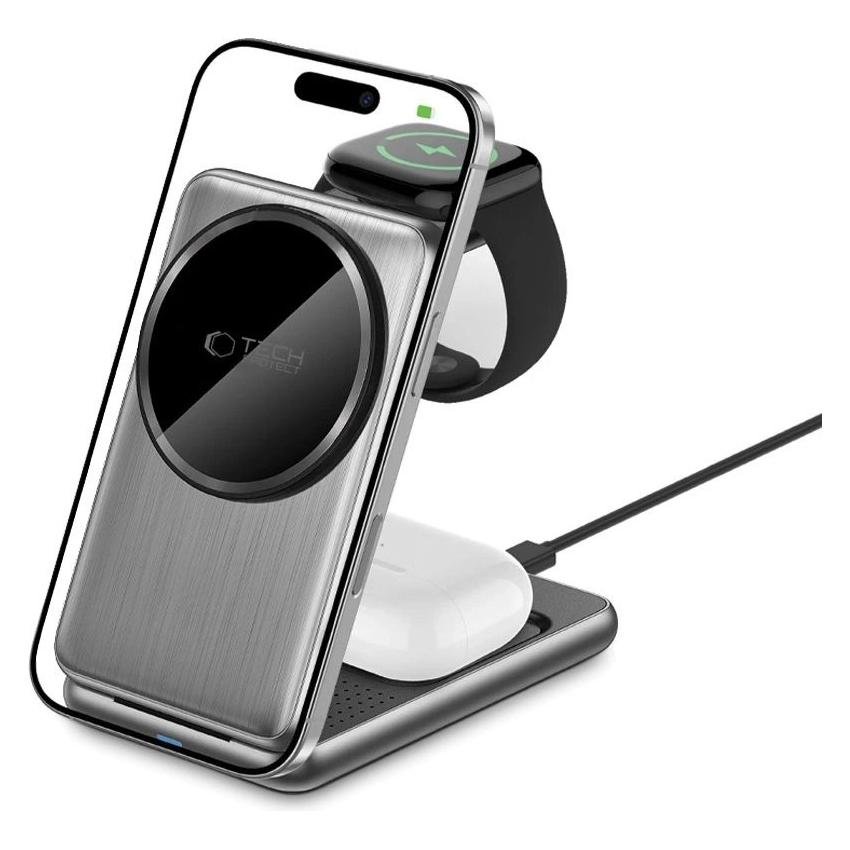 Tech-Protect Dock station Universal QI15W-A42 3IN1 MAGNETIC MAGSAFE WIRELESS CHARGER Space Gray (15 W) (27129-0)