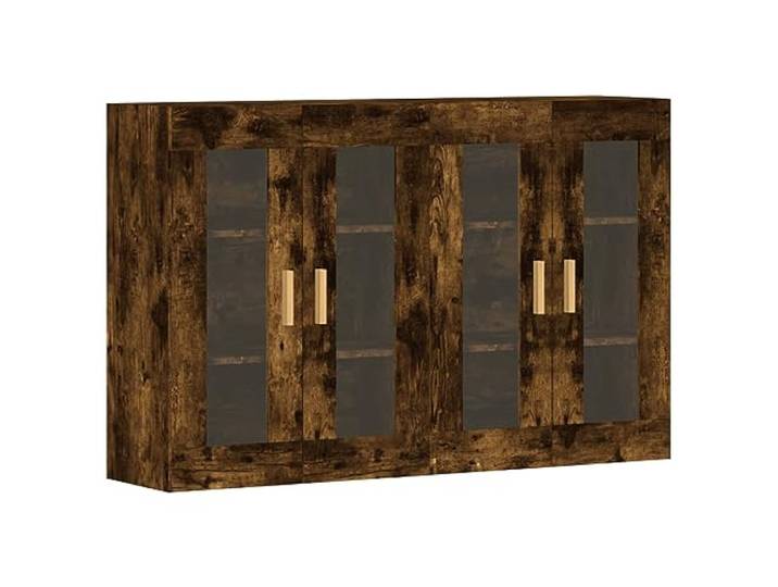 HKTMGDNG Wandschrank 2er-Set Hängeschrank Räuchereiche mit Glastür Flexible Glasvitrine als Wandboard oder Kommodenaufsatz für Wohnzimmer und Essbereich mit praktischer Einsicht.