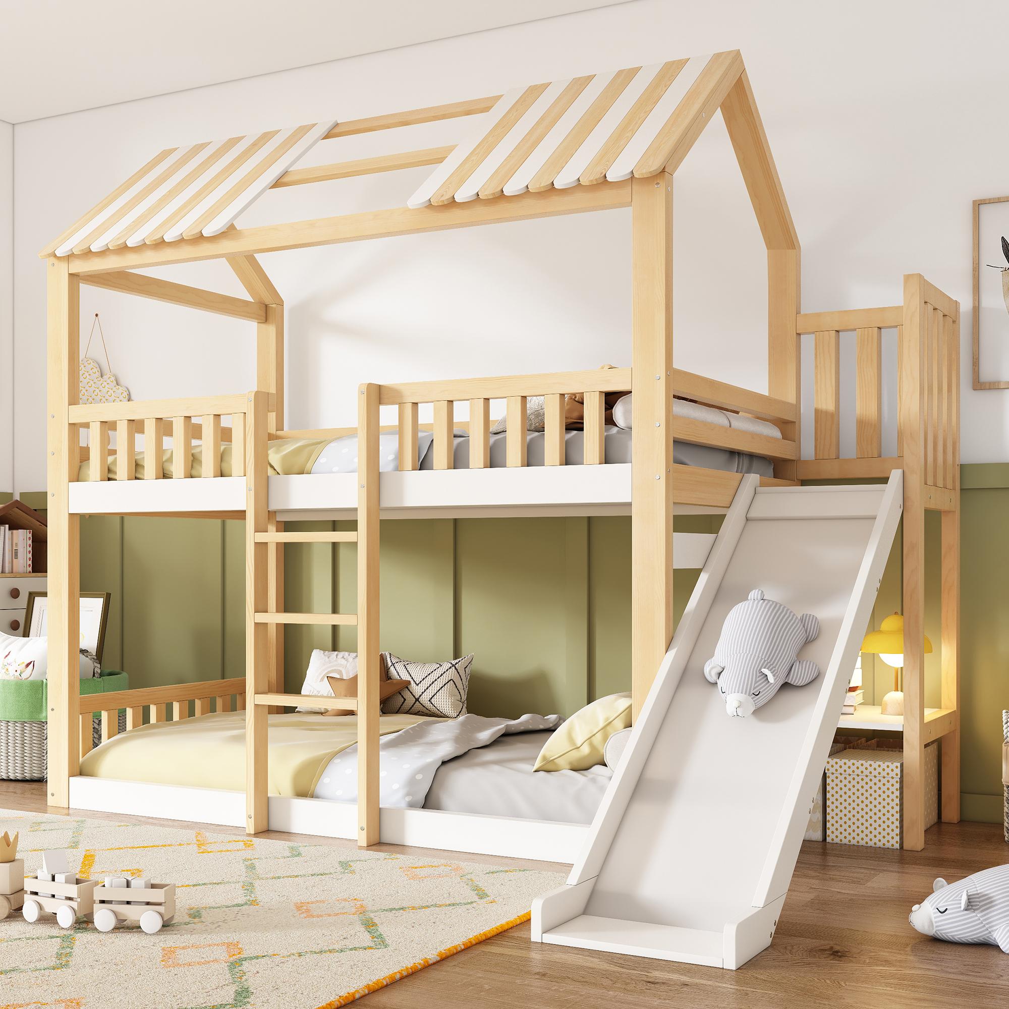 Kinder Etagenbett 90x200 mit Giebeldach und Rutsche 35 cm, Hausbett Jugendbett mit Regal und Sicherheitsgeländer, Holz Hochbett mit EN747, Weiß + Natur