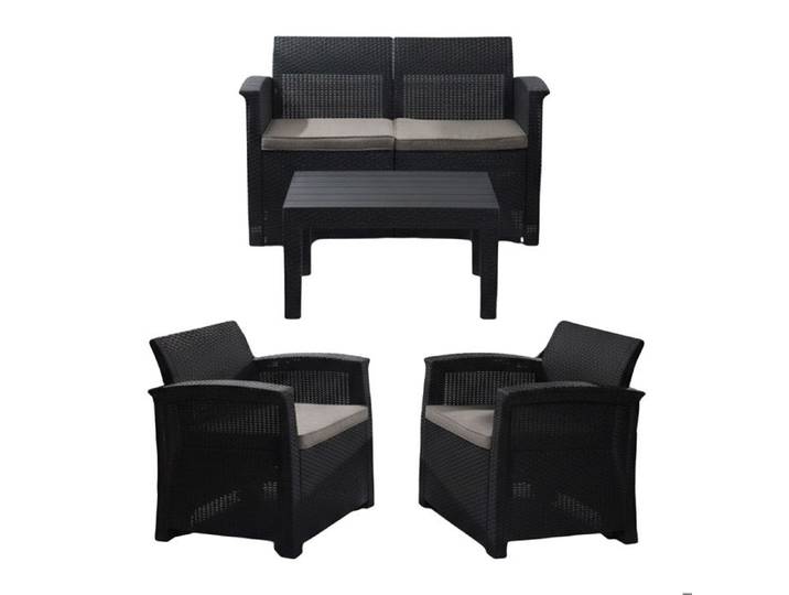 Ensemble salon de jardin Relaxdays 4 pièces rotin synthétique 4 personnes banquette 2 places 2 fauteuils & table