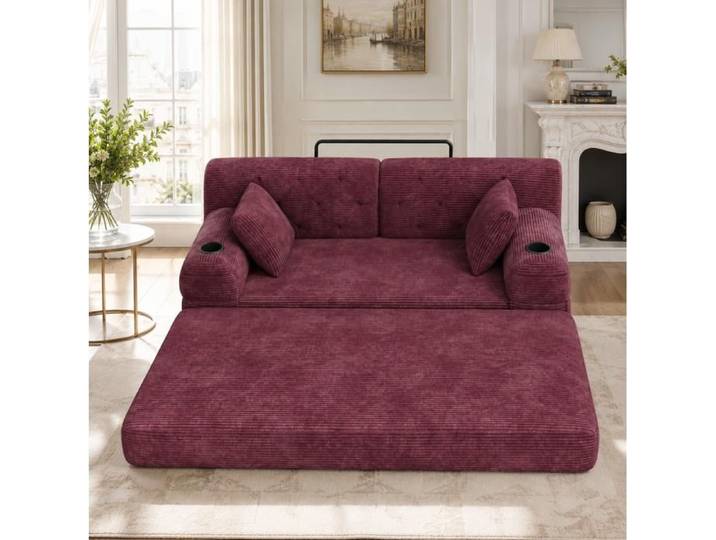 Canape-Lit 2 Places Cotele Bordeaux Sofa Convertible FloraGrace Pour Salon Sans Montage 168x80x81cm