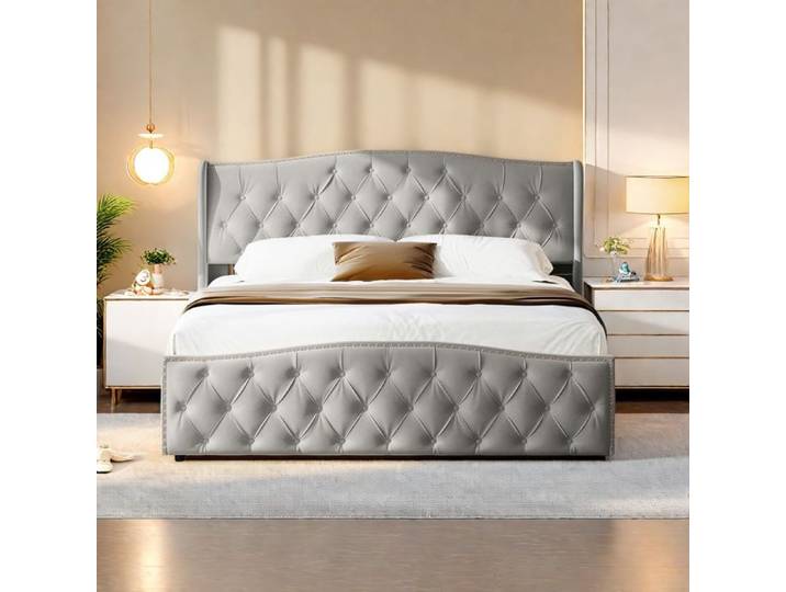 Lit capitonné 140 x 200 cm lit double hydraulique lit continental en flanelle lit coffre lit double adulte gris