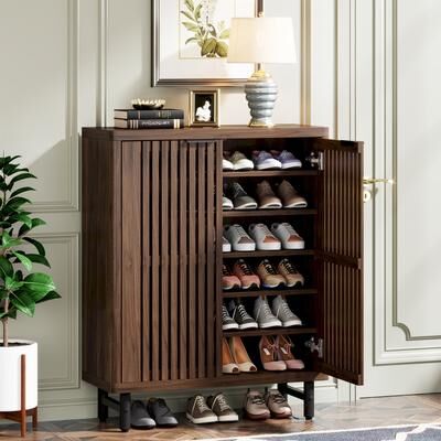 OEM Wooden Shoe Cabinet with Shutter Doors, Adjustable Shelves Large Hidden Storage Organizer Rack for Entryway Hallway