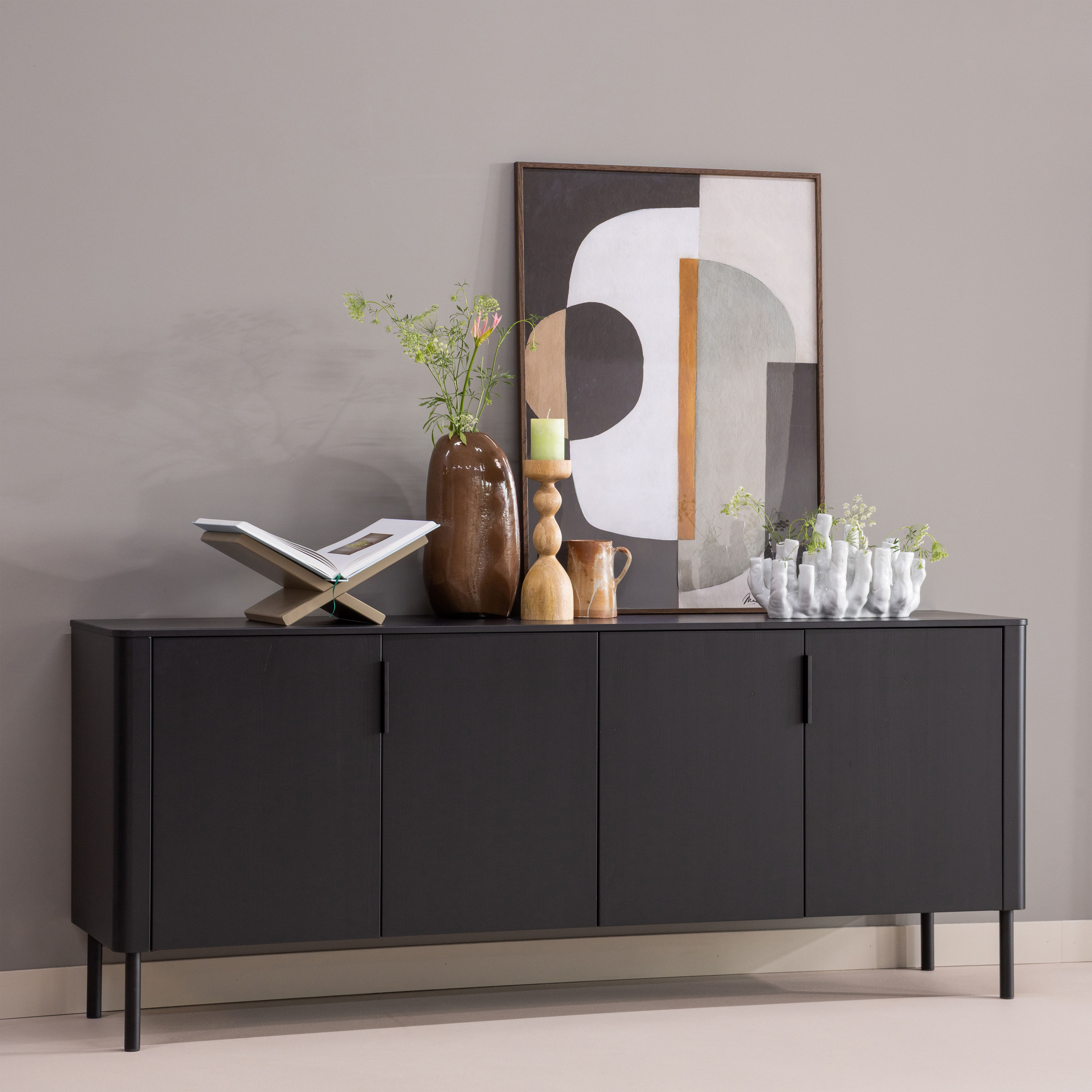 Sideboard WOOOD "Gunnar mit FSC-Mix Massivkiefer subtile Griffmulden 201 x 44 x 85 cm", mattschwarz, B:200cm H:85cm T:44cm, FSC-zertifiziertes Massivholz, Sideboards, Sideboard, Tragkraft 20 kg pro Einlegeboden, einfach zu montieren, mit Schutzlack mattsc