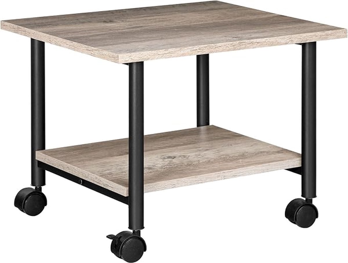Mobiele printerstandaard met 2 niveaus in industriële stijl, grijs, zwart en beige, met metalen frame en wielen