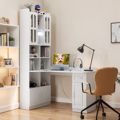Fundinbaths L-Shaped Corner Computer Desk with Drawers, Hutch and Bookshelf, Modern Home Office Desk