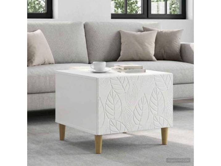 Couchtisch Hochglanz Weiß 50 x 49 x 40 cm Holzwerkstoff mit Schublade Eukalyptusbeine, Stauraum-Schublade, rechteckig, pflegeleicht, modernes Design