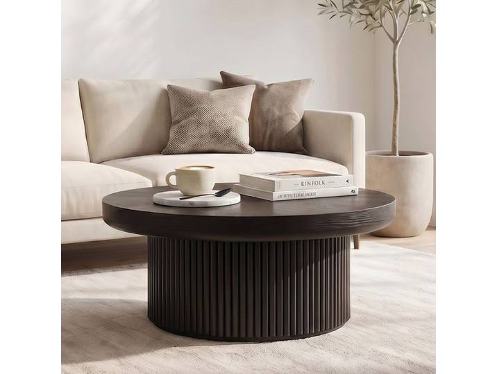 ROVRYN Table basse ronde 78 cm plateau effet bois motif parquet piètement cylindrique cannelé noir