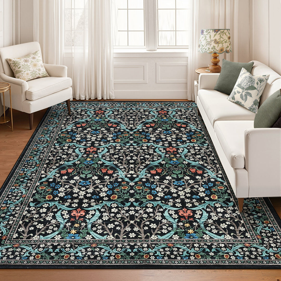 Astoria Grand Rectangle Floral Washable Area Rug Black Rectangle 240 x 340 cm