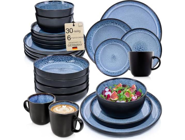 SÄNGER Aruba Steingut Geschirrset 6 Personen, Teller Set 30-tlg Blau Handmade Geschirr Set, Kombiservice: Teller, Kaffeebecher, Müslischalen & Pastateller, spülmaschinen- & mikrowellengeeignet