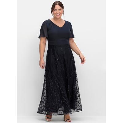 Abendkleid SHEEGO "Abendkleid", Damen, Gr. 48, Normalgrößen, Kurzarm, blau (tiefblau), 100% Polyester, Spitze:100% Polyester, unifarben, lang, V-Ausschnitt, Kleider Abendkleid