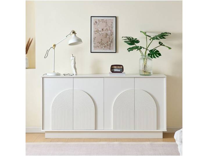 MEUBLIV Buffet bas 160 cm blanc mat 4 portes cintrées rangements avec étagères MDF