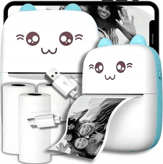 Drukuś Mini-Thermo Printer Blauwe Mini-Kat inclusief rolletje met patroonpapier