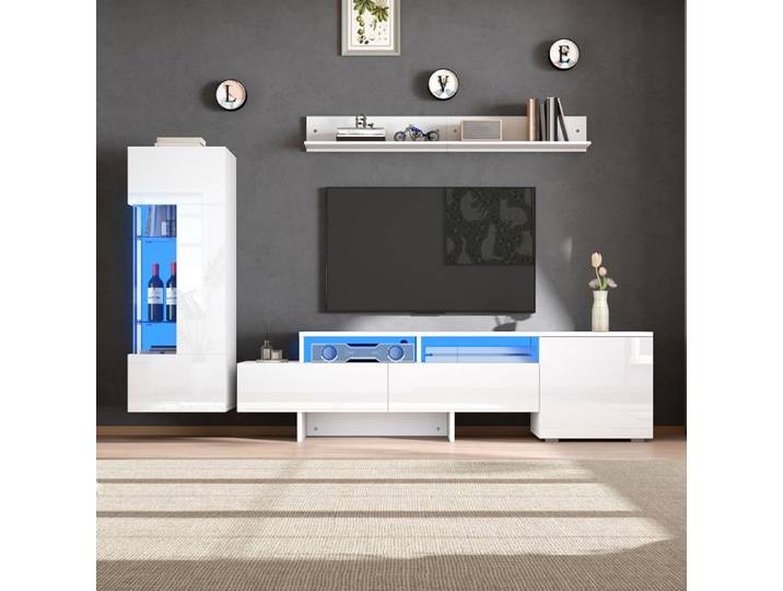 Ensemble meuble TV mural - Ensemble 3 pièces - Blanc brillant - LED - 170x35x45 cm