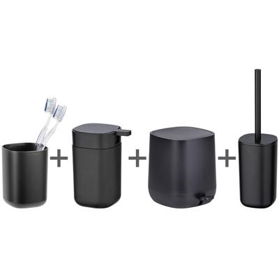 Badaccessoire-Set WENKO "Davos", schwarz, matt, Kunststoff, Badaccessoires-Sets, Seifenspender, Zahnputzbecher, WC-Garnitur & Kosmetikeimer