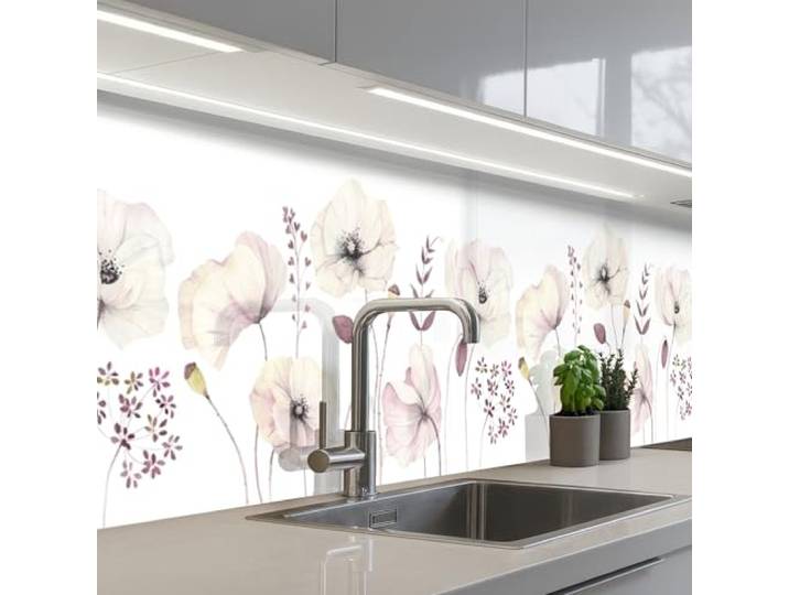 KitchenYeah© Spritzschutz Küchenrückwand Küche Abwaschbar Selbstklebend 80x400 cm - Küchenwand Küchenfront Küchen Rückenwand Wandschutz Blumen - Pastell - Pflanzen - Weiß