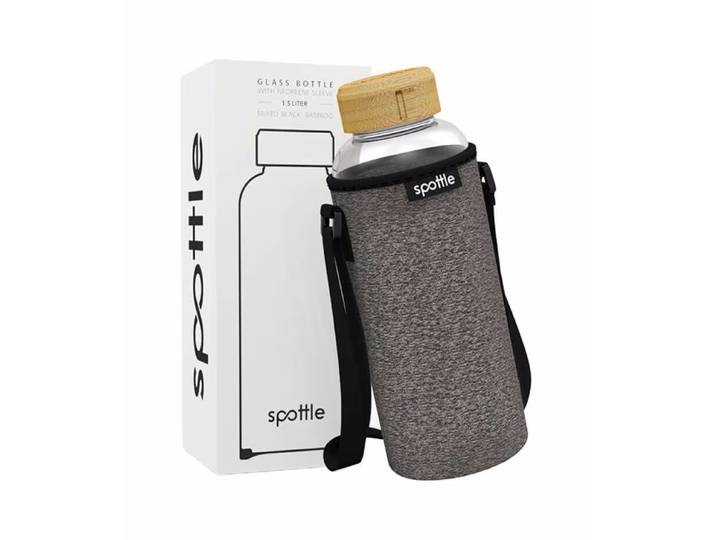 Spottle Glasflasche mit Neopren-Schutzhülle 1, 5l schwarz meliert – Trinkflasche/Thermosflasche/Shaker