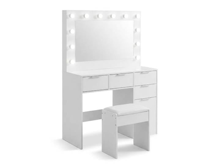 Relaxdays Schminktisch, LED Spiegel & Hocker, weiß Frisiertisch 4 Schubladen & Türfach, HBT 140x105x40cm, Kosmetiktisch