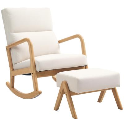 MODFU Schaukelstuhl Relaxsessel mit Hocker Leinenoptik Cremeweiß 96x65x95 cm breiter Sitz 35 Grad Schwingung atmungsaktiver Bezug Kautschukholzbeine