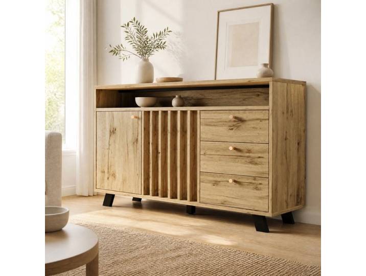 Buffet bas - ZEVKOR - Buffet Bas 3 Tiroirs 2 Portes - Chêne foncé - Façade à lames - 120 x 40 x 85 cm