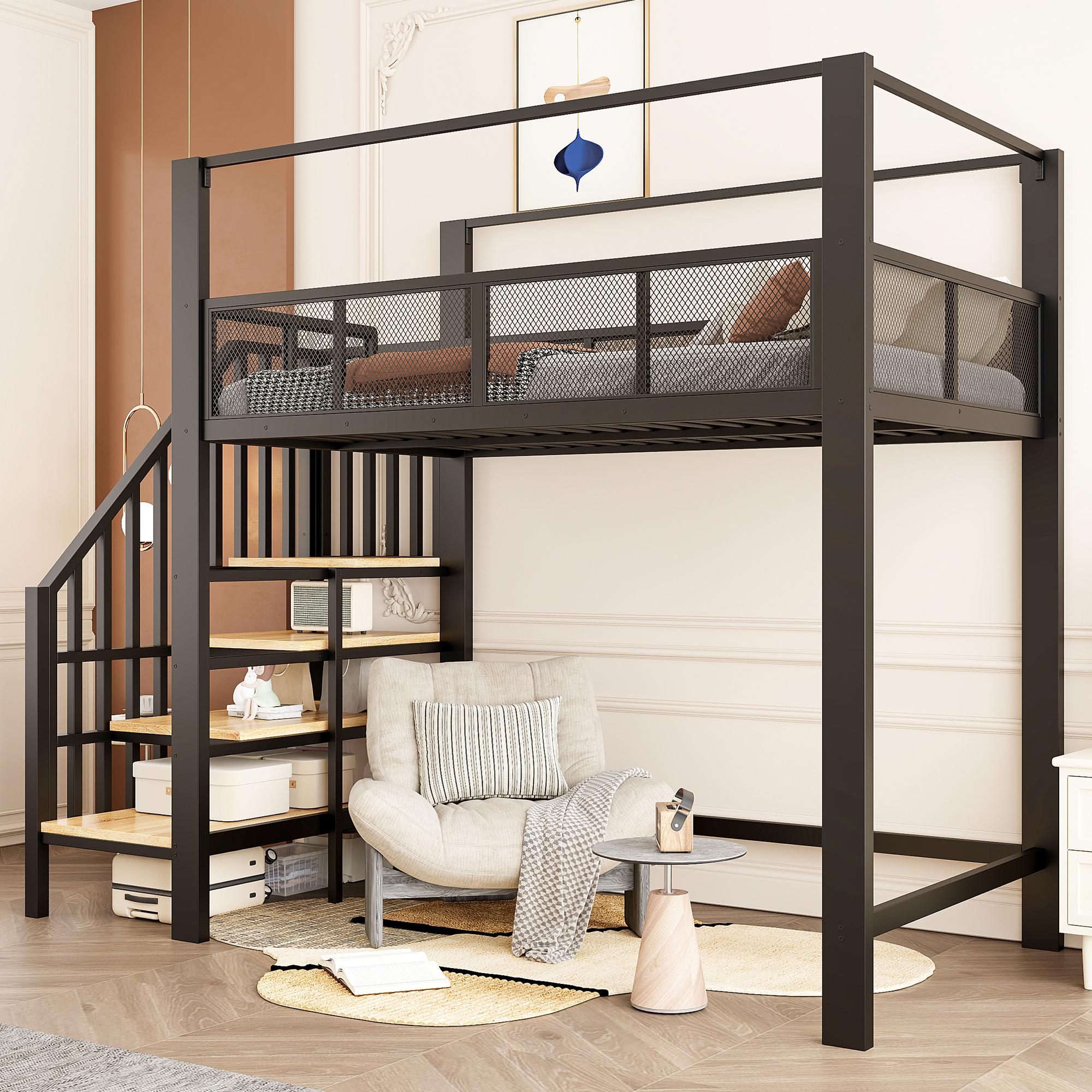 Merax Etagenbett Hochbett 90x200cm mit Baldachin, Metall bett mit Sicherheitstreppe und Stauraumstufen, Einzelbett mit Arbeitsbereich, Schwarz