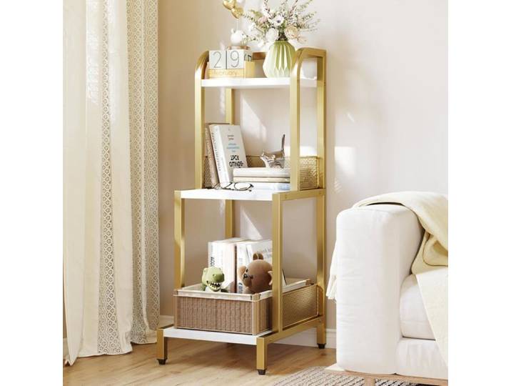 Étagère échelle dorée - LUNSY - 30x40x80 cm - Finition marbre blanc - Panneaux MDF haute densité - Structure métallique