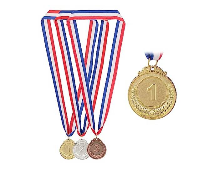 Relaxdays medailles voor kinderen, set van 3, Ø 5 cm, 1e, 2e, 3e plaats, met lint, kindermedaille, goud, zilver, brons