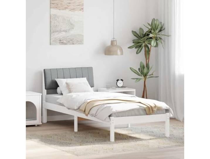 Massivholz Kiefer Modernes Minimalismus Design 75 x 190 cm Weiß Bettgestell Weiß Hellgrau 75x190 cm Massivholz Kiefer mit Polster Kopfteil Lattenrost Modern Stabil