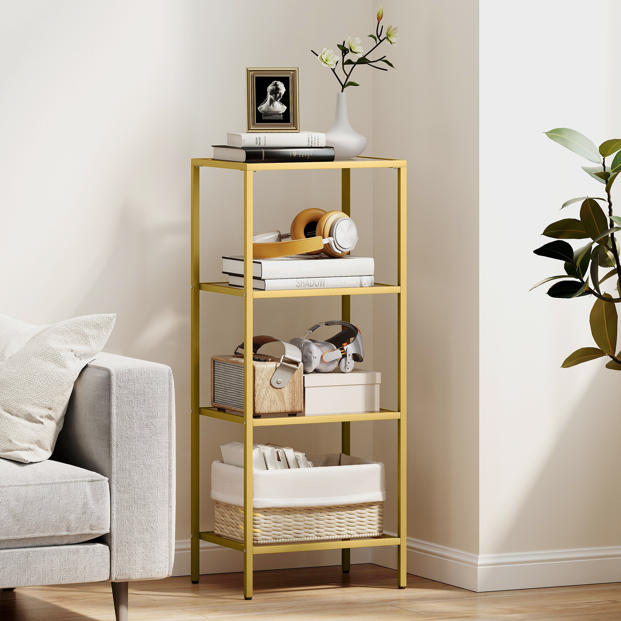 Homcom Mobiletto Scaffale a 4 Livelli Minimal in Metallo e Vetro Temperato, 40x30x96.5 cm, color Oro   Aosom Italy