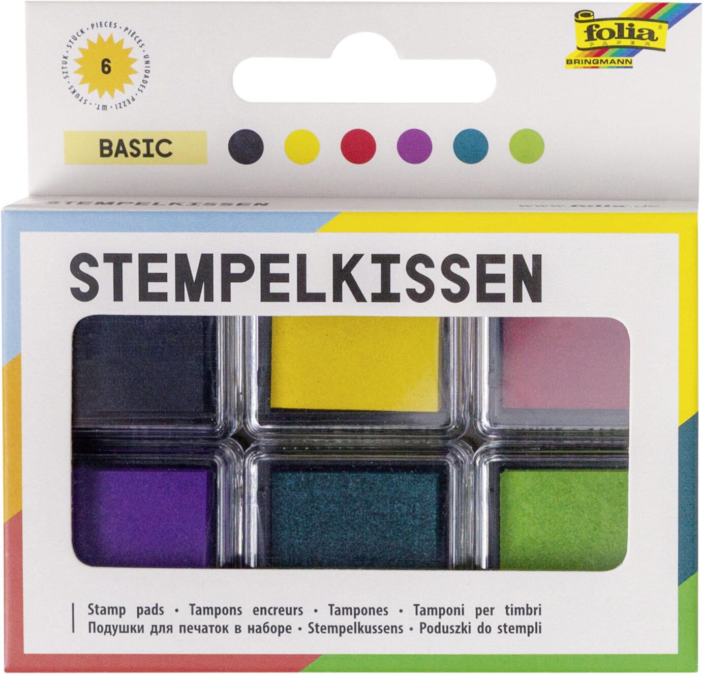 folia Stempelkissen 6x 2,4 x 2,4 cm schwarz, gelb, rot, lila, türkis, grün 30180