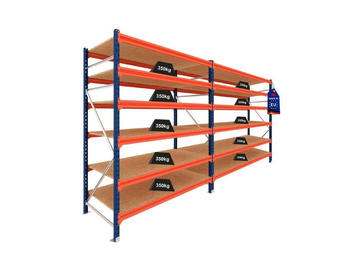 PROREGAL® Schwerlastregal DOMINUS 2 Felder 200x390x100cm  6 Ebenen Spanplatten Blau/Orange
