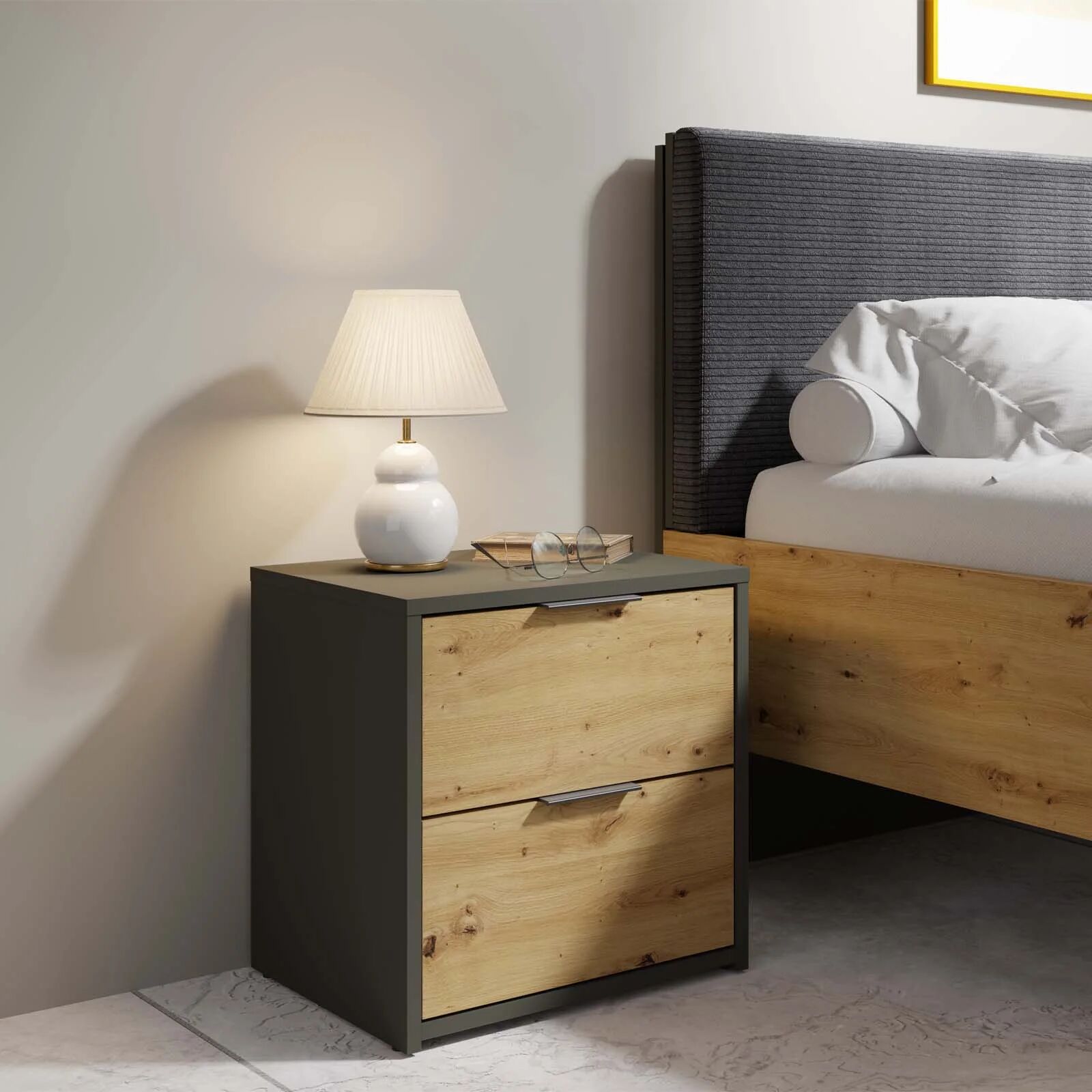 garneroarredamenti Set 2 comodini 44x46h cm 2 cassetti antracite rovere Garda