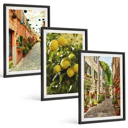 BILDER SET 3er Set - 40x60 cm Schwarzer Rahmen - Straßen mit Zitronenblüten im Hintergrund
