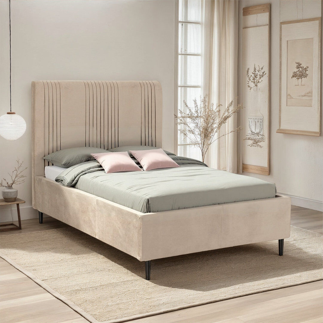 Latitude Run Maine Upholstered Bed Frame Beige Double (4'6)